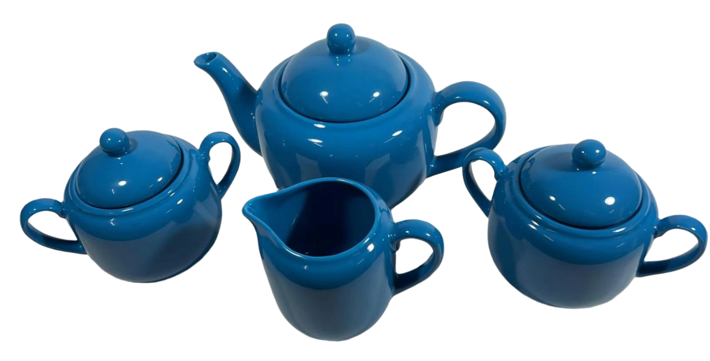 1930s Blue Glazed Porcelain Tea Set – 4-Piece Art Deco Style