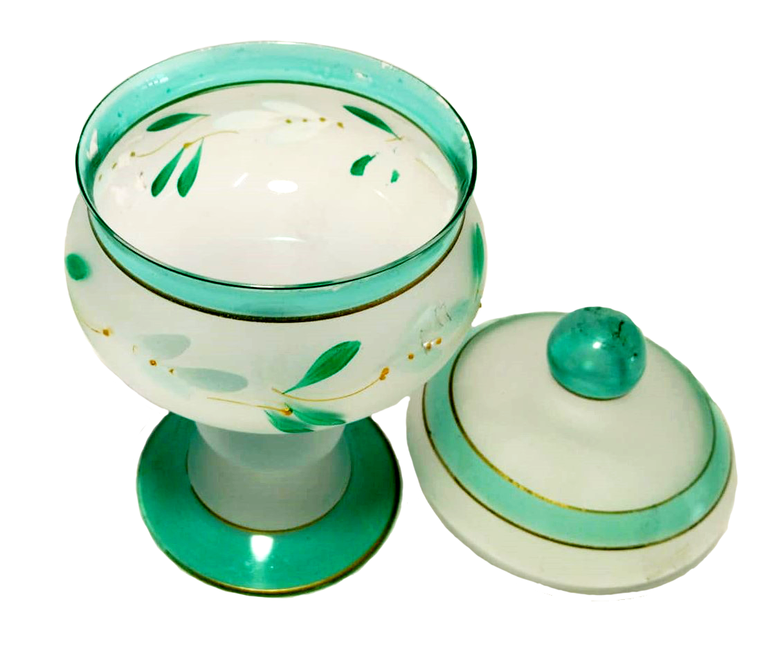 1960s Frosted Glass Taza with Hand-Painted Olive Branch Motif, 15 cm