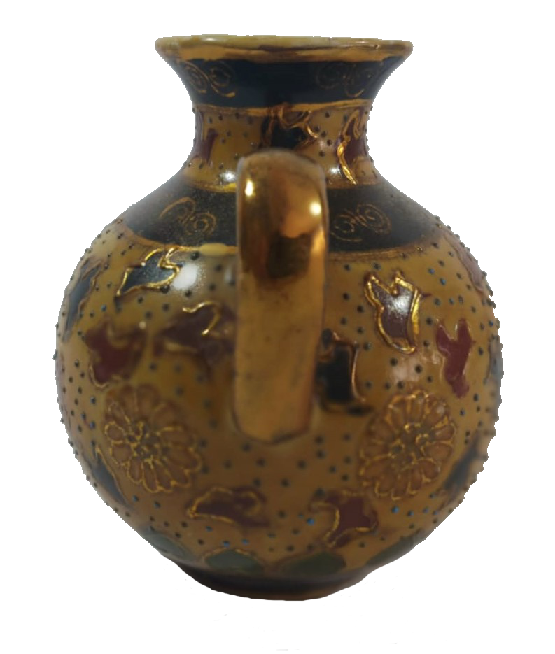 19th-Century Chinese Miniature Decorative Pot with Gilded Handles and Intricate Motifs