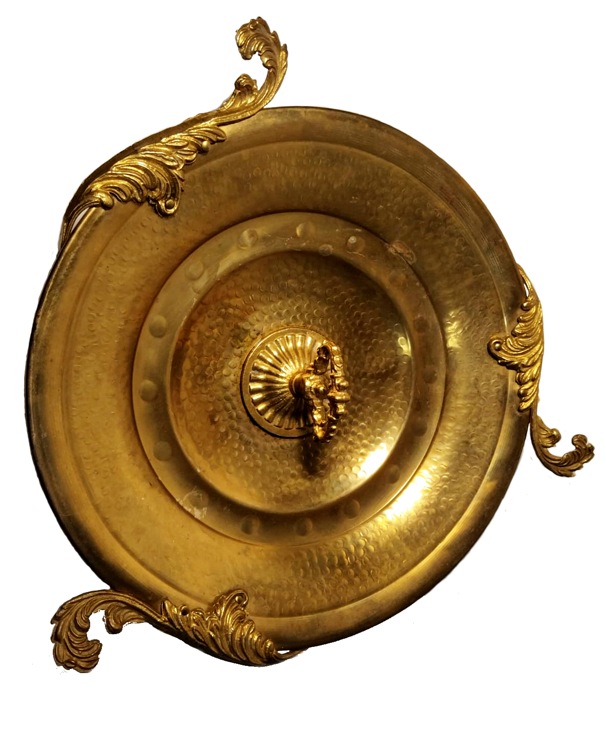 19th-Century Ornate Brass Fruit Bowl with Handle and Scrollwork Accents