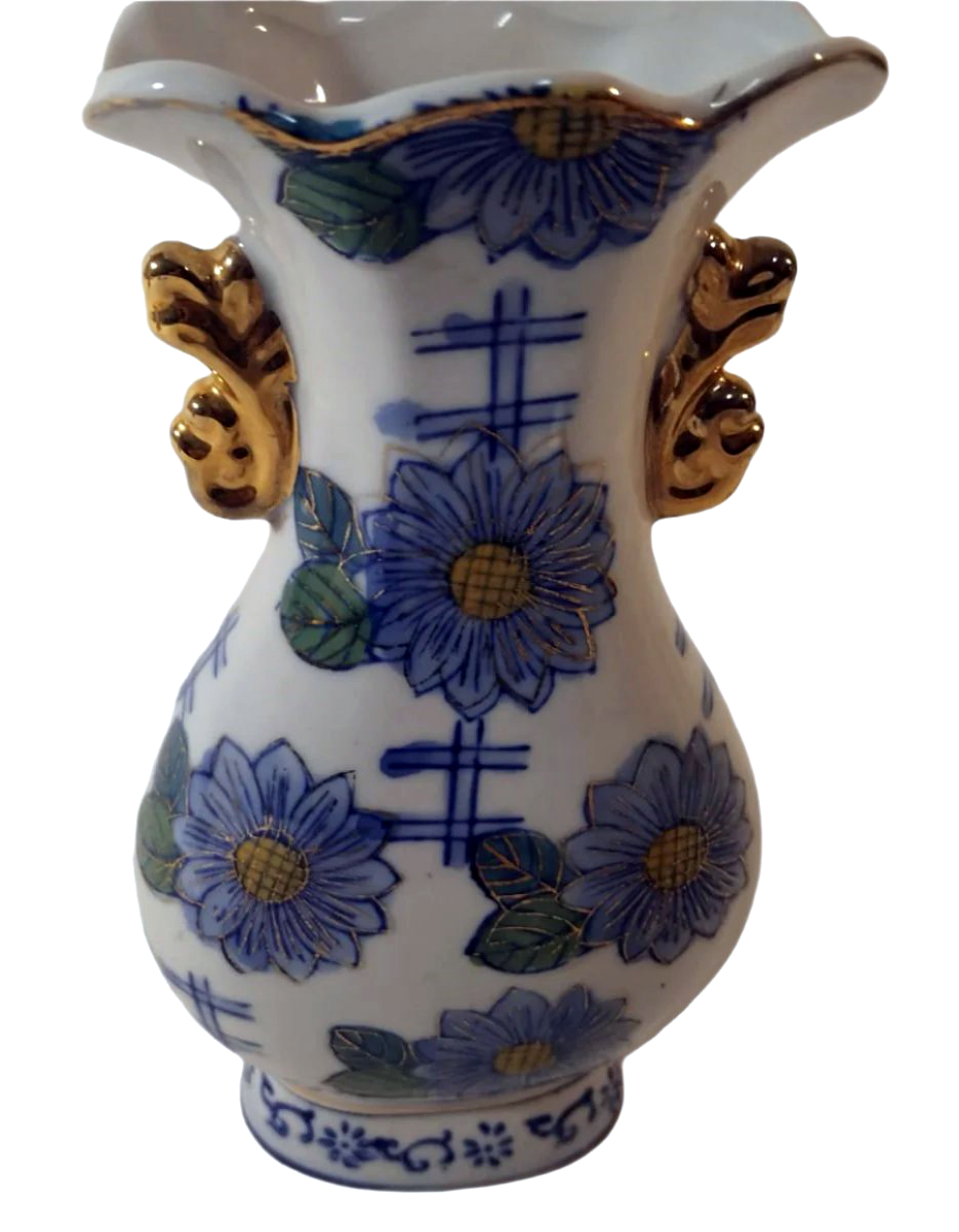 19th-Century Porcelain Vase with Floral and Gold Details