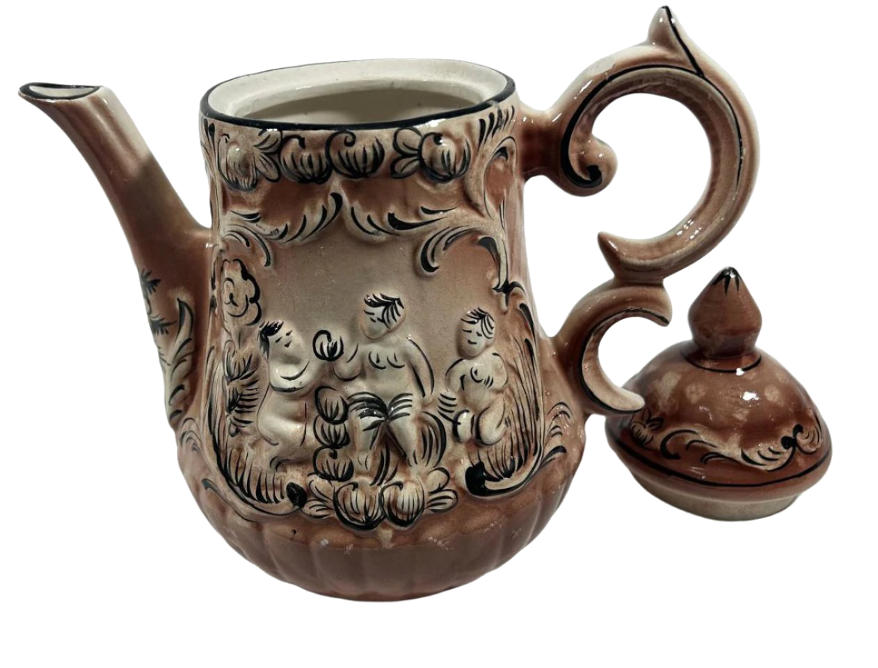 Early 20th-Century Alcobaça Ceramic Teapot with Hand-Painted Motif and Cherub Design