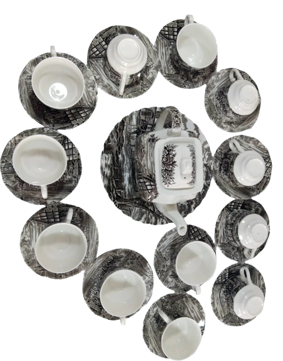 Early 20th Century English Porcelain Tea Set – 15-Piece Scenic Transferware