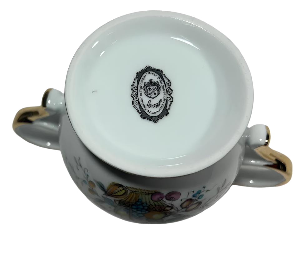 Limoges Porcelain Sugar Bowl with Hand-Painted Fruit and Bird Motif