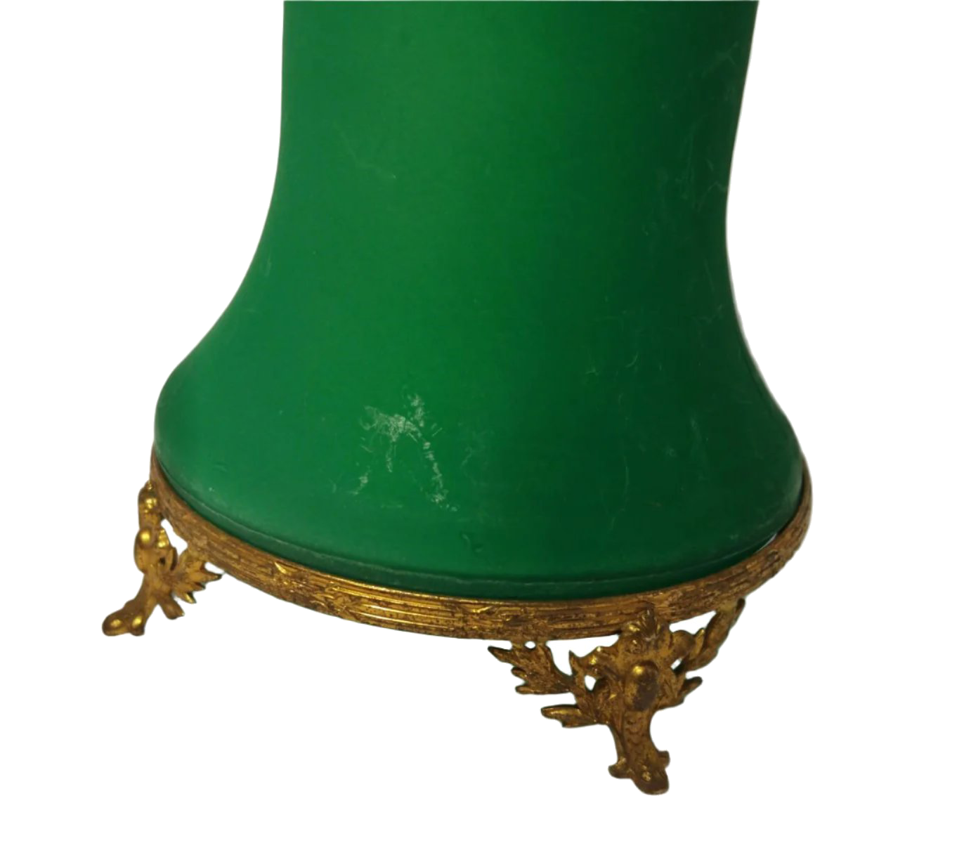 Mid-Century Green Glass Floral Vase with Ornate Brass Stand – 1960s-70s