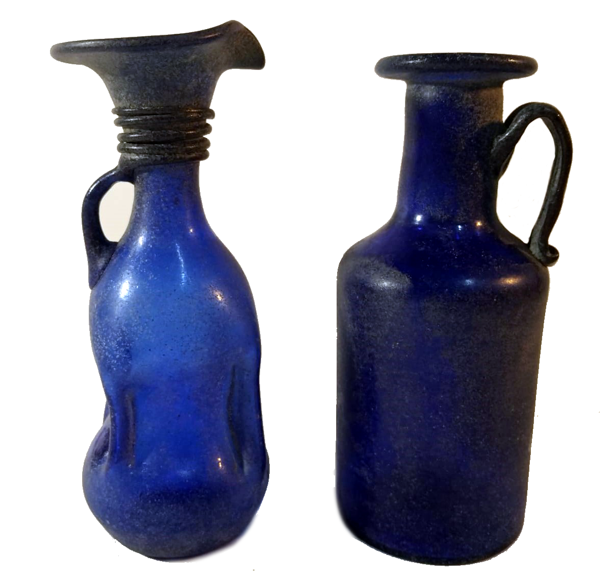 Rare 1930s-40s Cobalt Blue Blown Glass Bottle Pair with Sand-Blasted Finish