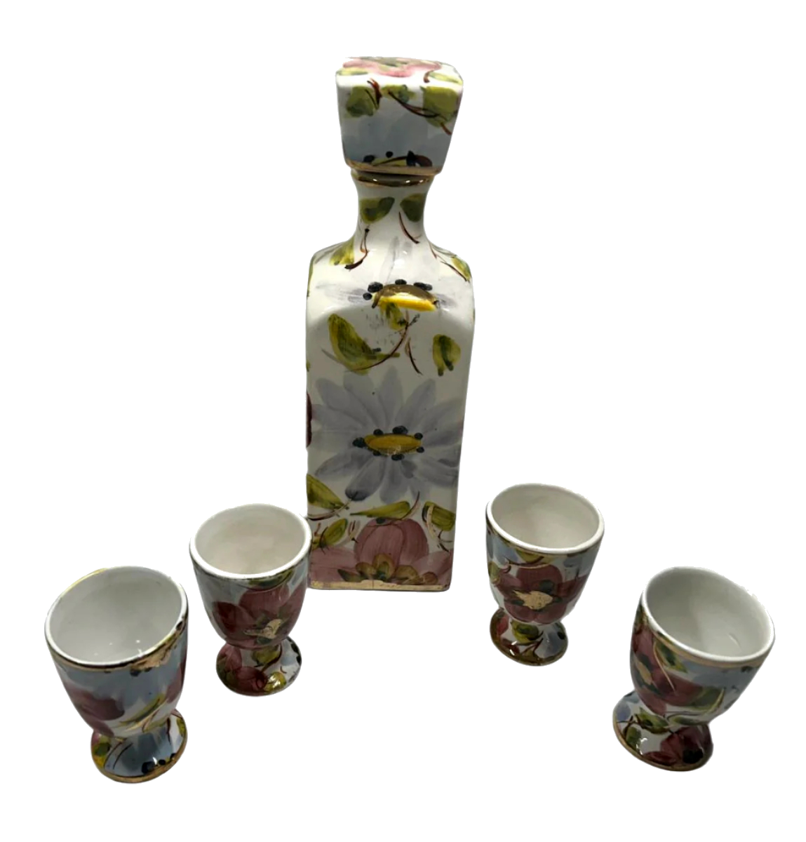 Sacavém Floral Ceramic Decanter Set with Gold Accents – Includes 4 Matching Goblets