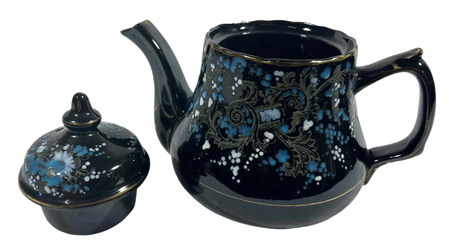 Victorian-Style English Ceramic Teapot with Hand-Painted Floral and Gold Detailing