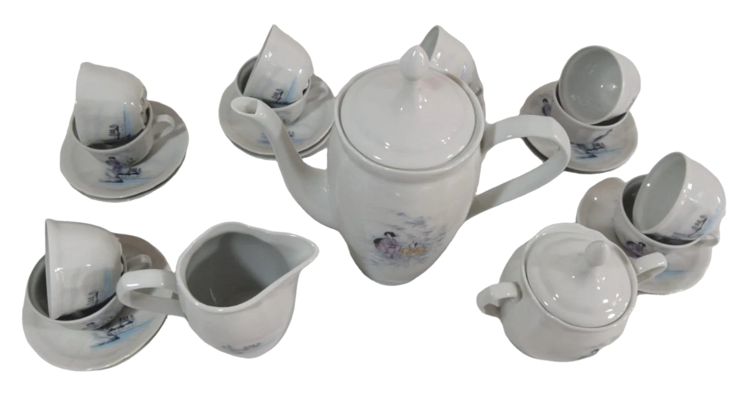 Vintage Coimbra Porcelain Tea & Coffee Set – 30 Pieces, Hand-Painted Scenic Motifs, 1930s-1940s, Excellent Condition