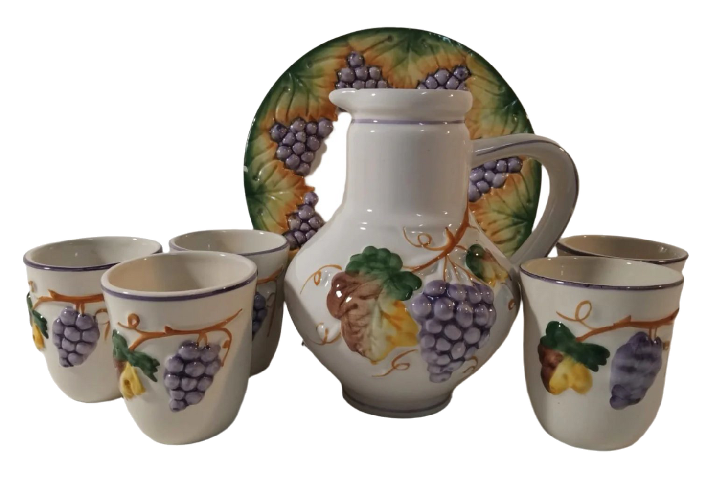 Wine Set with Grape Reliefs – Gaia Manufacture, Circa 1930s-1940s