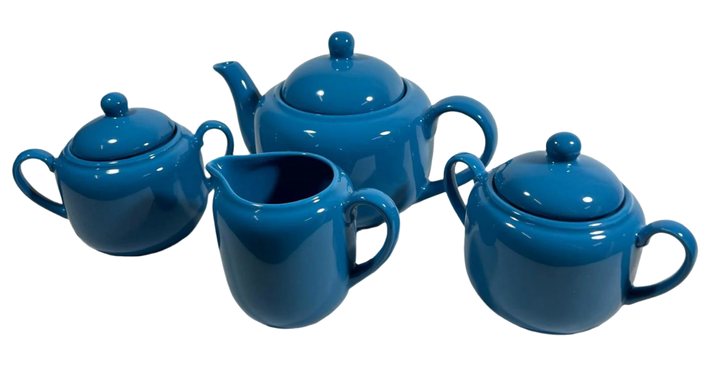 1930s Blue Glazed Porcelain Tea Set – 4-Piece Art Deco Style