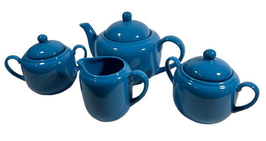 1930s Blue Glazed Porcelain Tea Set – 4-Piece Art Deco Style