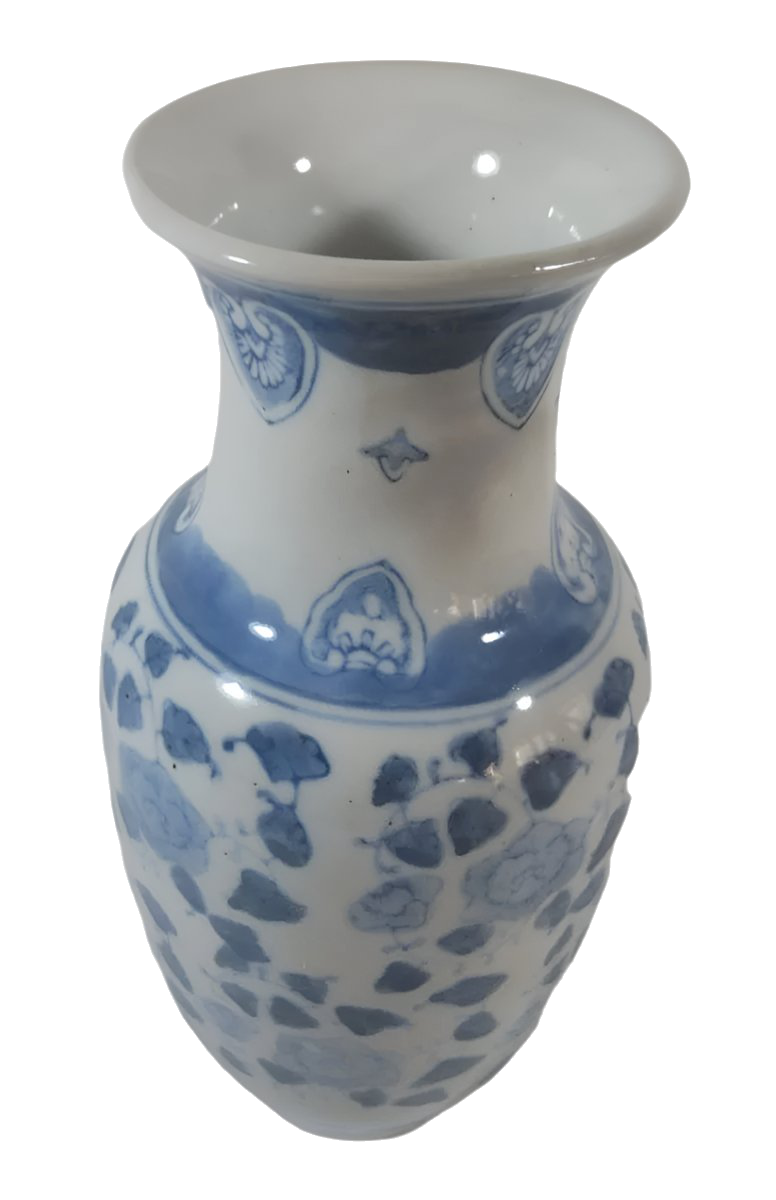 1940s Chinese Blue and White Porcelain Vase with Floral and Scroll Motifs