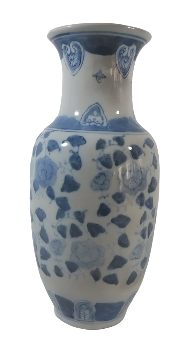 1940s Chinese Blue and White Porcelain Vase with Floral and Scroll Motifs