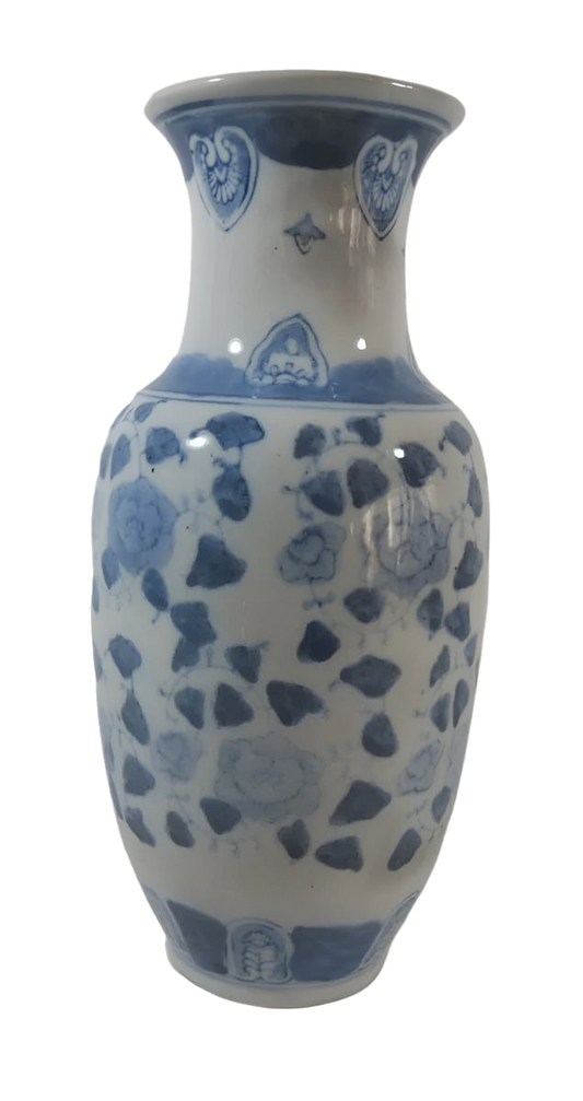 1940s Chinese Blue and White Porcelain Vase with Floral and Scroll Motifs