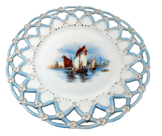 1950s Sacavém Factory Lattice-Edge Porcelain Plate with Nautical Scene