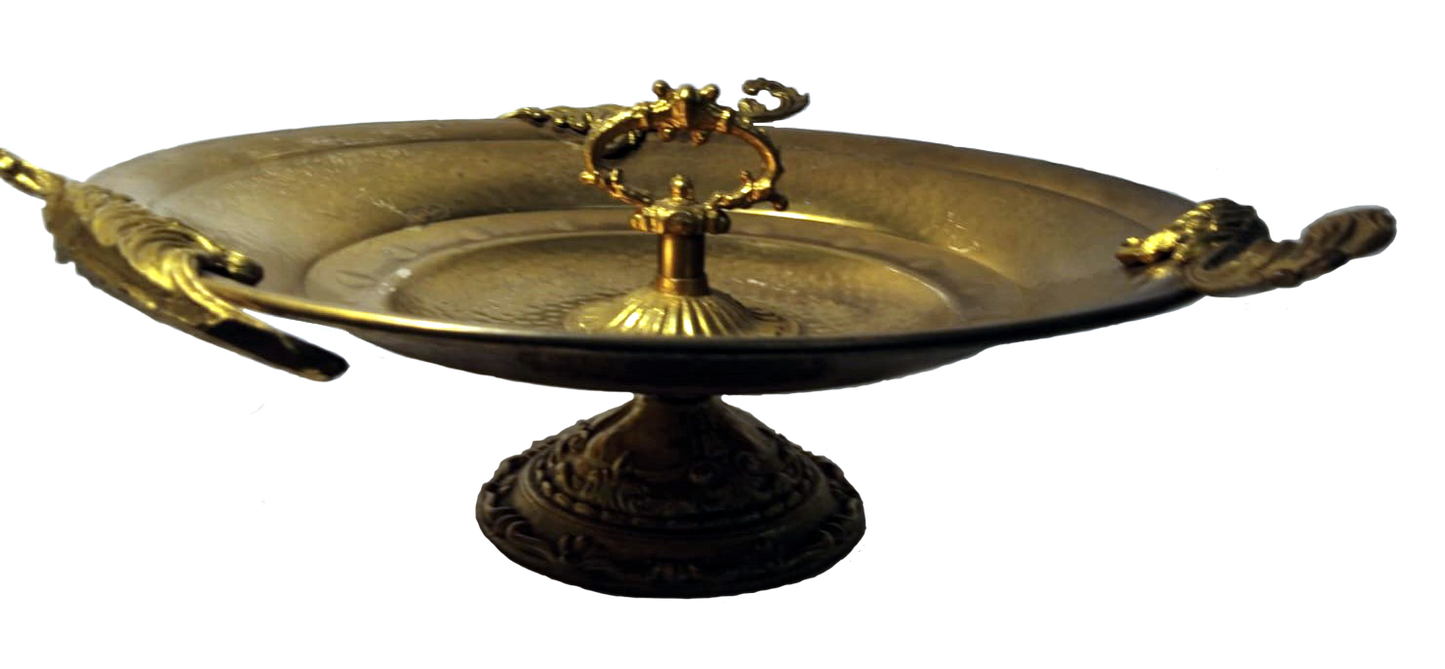 19th-Century Ornate Brass Fruit Bowl with Handle and Scrollwork Accents