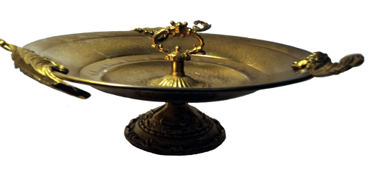 19th-Century Ornate Brass Fruit Bowl with Handle and Scrollwork Accents