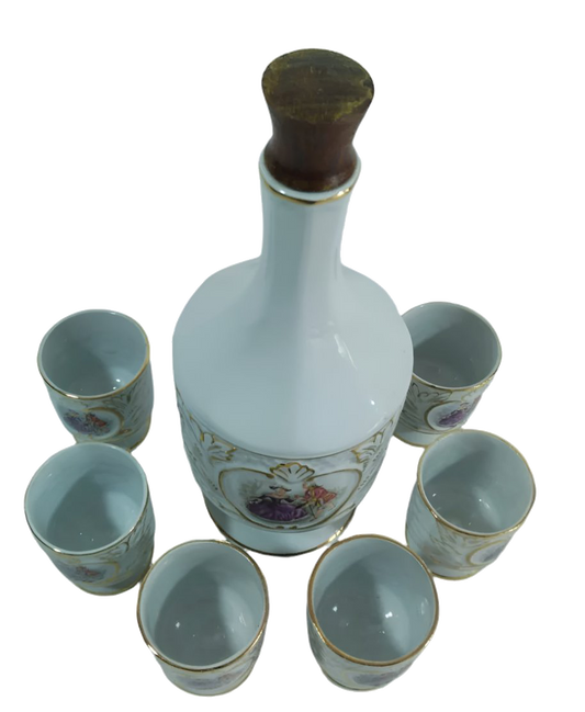 Antique 19th Century Aljubarrota Wine Set – Porcelain Bottle with Wooden Stopper and Six Hand-Painted Cup