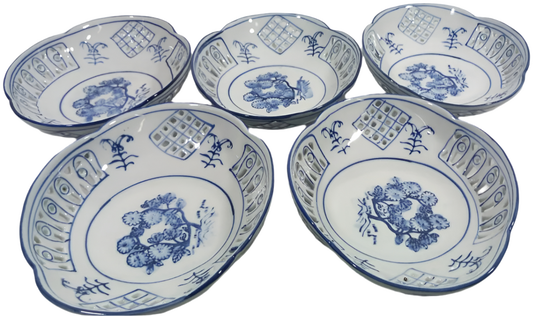 Blue and White Gaia Fruit Bowls with Openwork Design – Set of 5