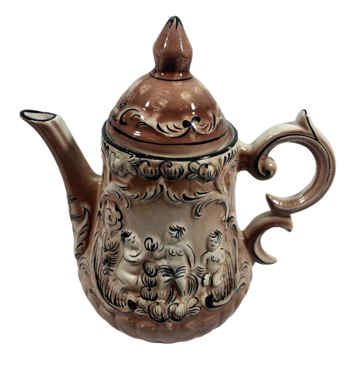 Early 20th-Century Alcobaça Ceramic Teapot with Hand-Painted Motif and Cherub Design