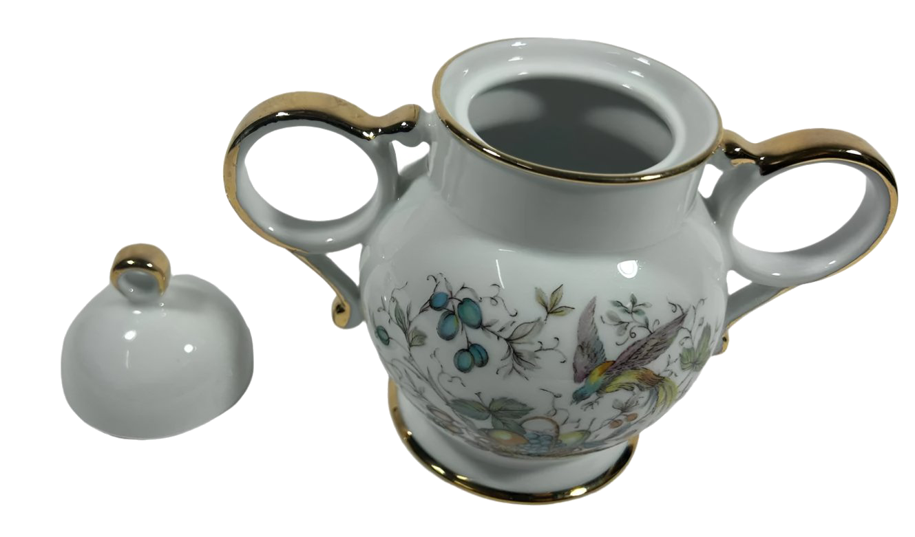 Limoges Porcelain Sugar Bowl with Hand-Painted Fruit and Bird Motif