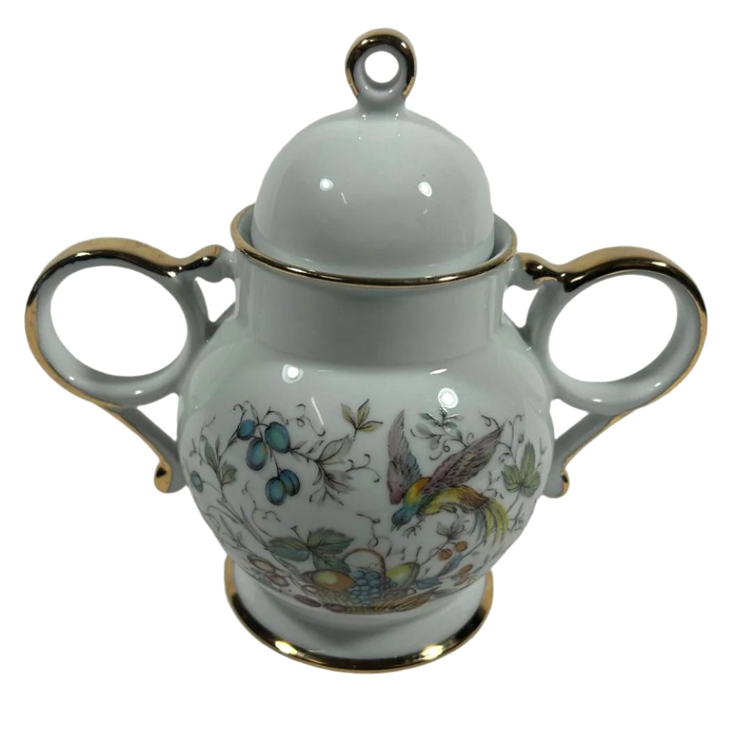 Limoges Porcelain Sugar Bowl with Hand-Painted Fruit and Bird Motif