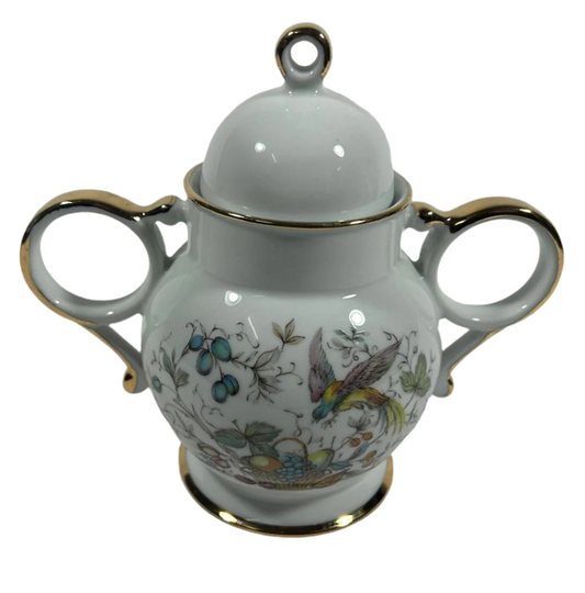 Limoges Porcelain Sugar Bowl with Hand-Painted Fruit and Bird Motif
