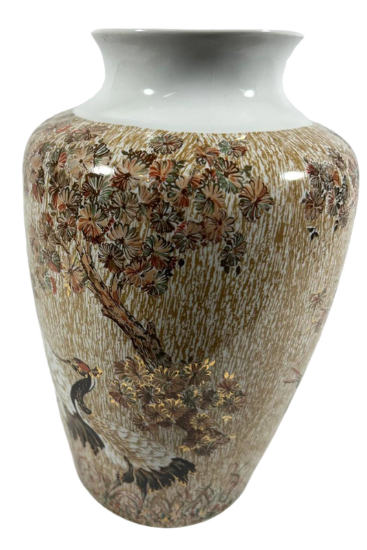 Mid-20th-Century Sacavém Decorative Vase with Crane and Floral Motif