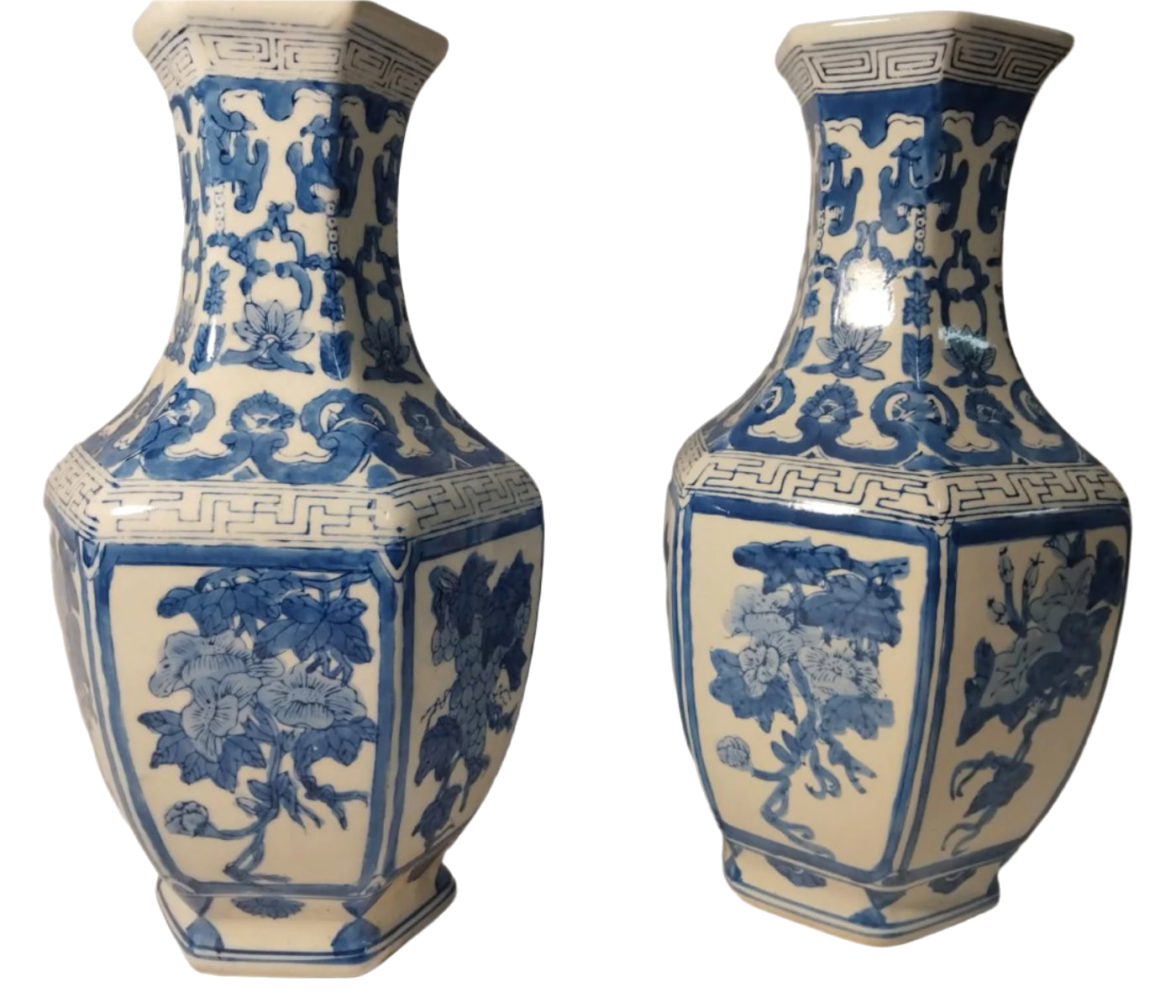 Mid-20th Century Blue and White Hibiscus and Vine Porcelain Vase Pair