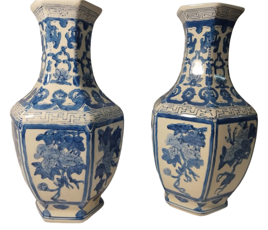 Mid-20th Century Blue and White Hibiscus and Vine Porcelain Vase Pair