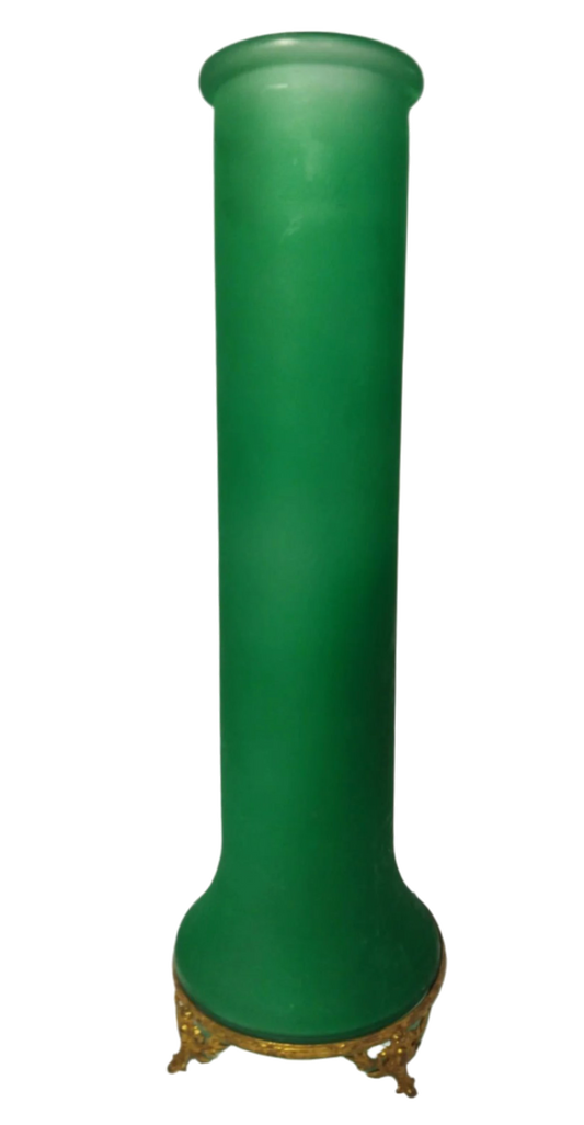 Mid-Century Green Glass Floral Vase with Ornate Brass Stand – 1960s-70s