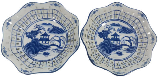 Pair of Alcobaça Blue and White Decorative Fruit Bowls with Openwork Design
