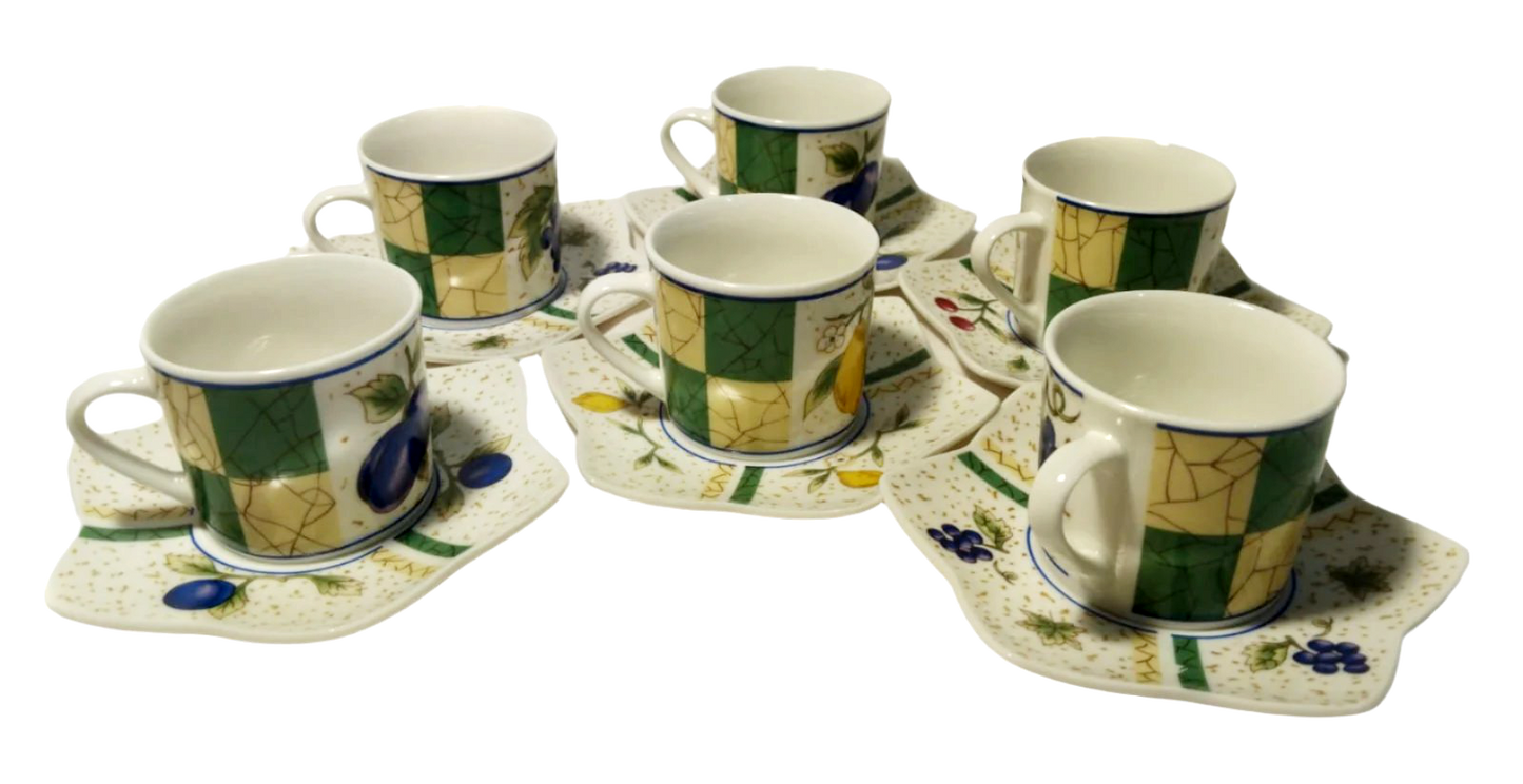 Pristine Vintage Coffee Cup and Saucer Set – 1960s-70s Fruit Motif, Set of 6