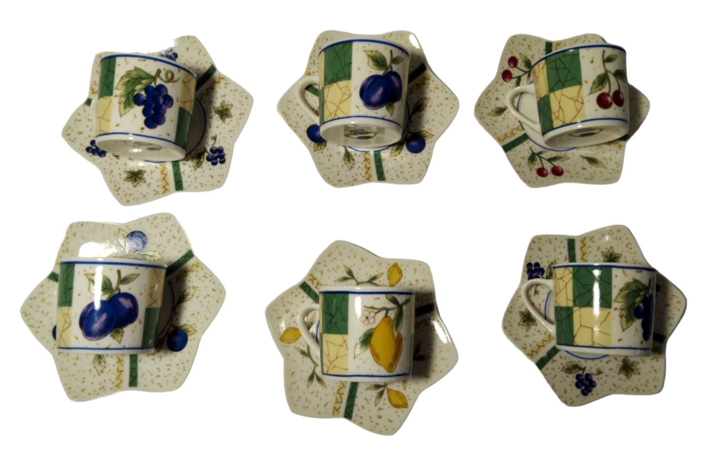Pristine Vintage Coffee Cup and Saucer Set – 1960s-70s Fruit Motif, Set of 6