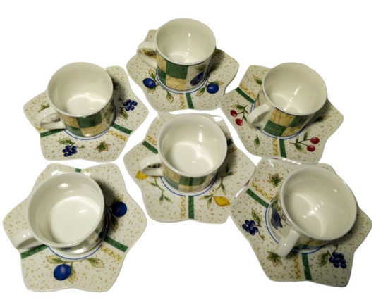 Pristine Vintage Coffee Cup and Saucer Set – 1960s-70s Fruit Motif, Set of 6