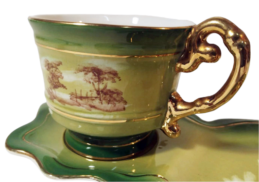 Rare 1960s-70s Sacavém Scenic Bowl and Plate Set with Gold Detailing – Vintage Portuguese Porcelain