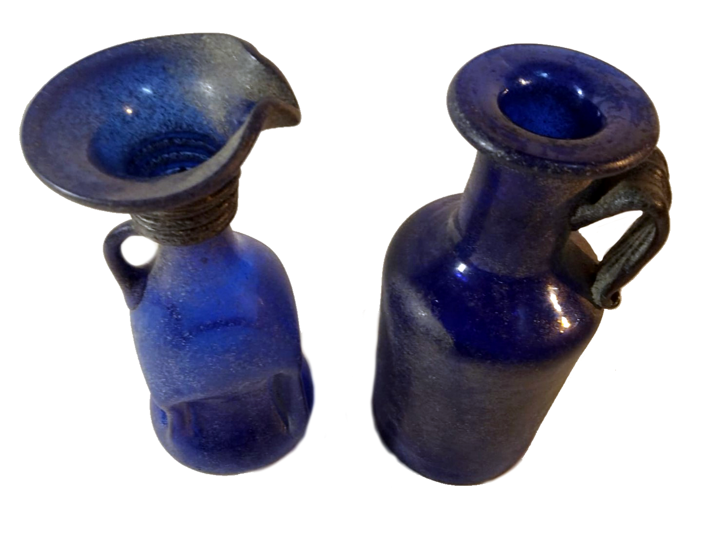 Rare 1930s-40s Cobalt Blue Blown Glass Bottle Pair with Sand-Blasted Finish