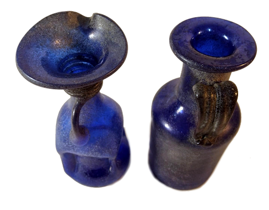 Rare 1930s-40s Cobalt Blue Blown Glass Bottle Pair with Sand-Blasted Finish