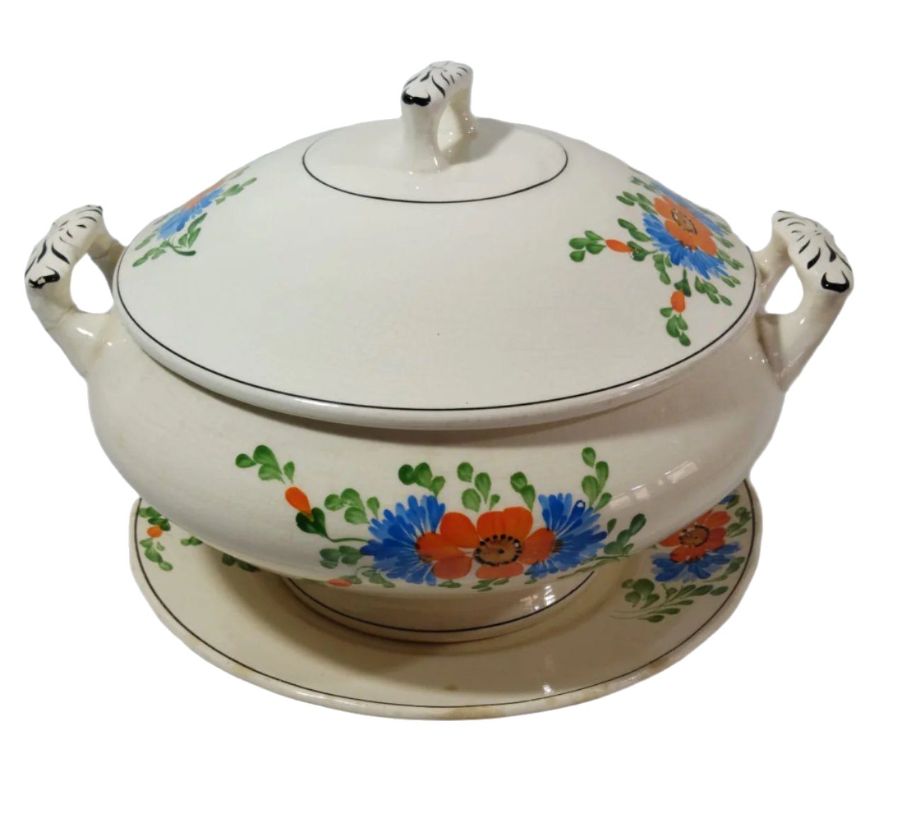Sacavém Hand-Painted Floral Tureen with Underplate, 19th Century