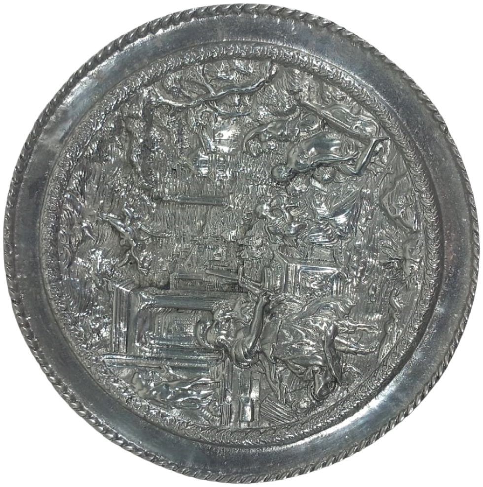 Vintage 1930s-1940s Portuguese Pewter Plate with Classical Greco-Roman Design, 28 cm