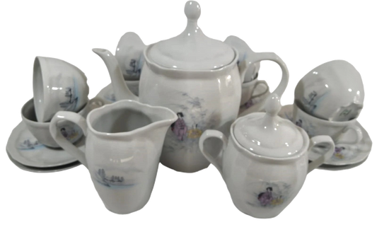 Vintage Coimbra Porcelain Tea & Coffee Set – 30 Pieces, Hand-Painted Scenic Motifs, 1930s-1940s, Excellent Condition