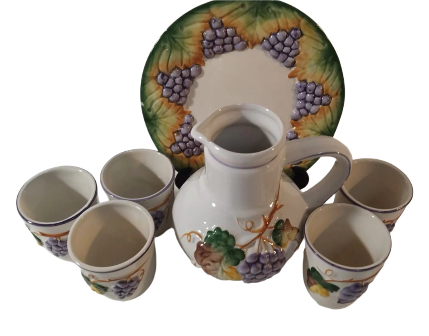 Wine Set with Grape Reliefs – Gaia Manufacture, Circa 1930s-1940s