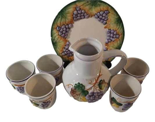 Wine Set with Grape Reliefs – Gaia Manufacture, Circa 1930s-1940s