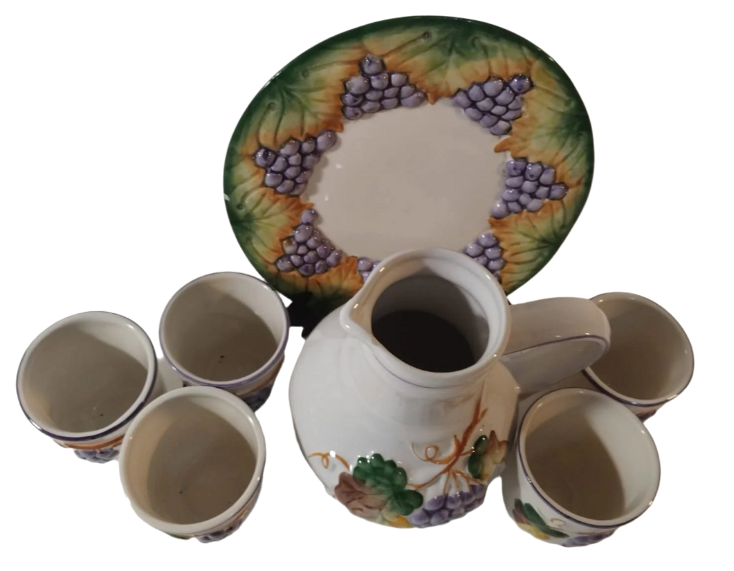 Wine Set with Grape Reliefs – Gaia Manufacture, Circa 1930s-1940s
